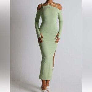 Cold-Shoulder Ribbed Maxi Dress in Sage Green